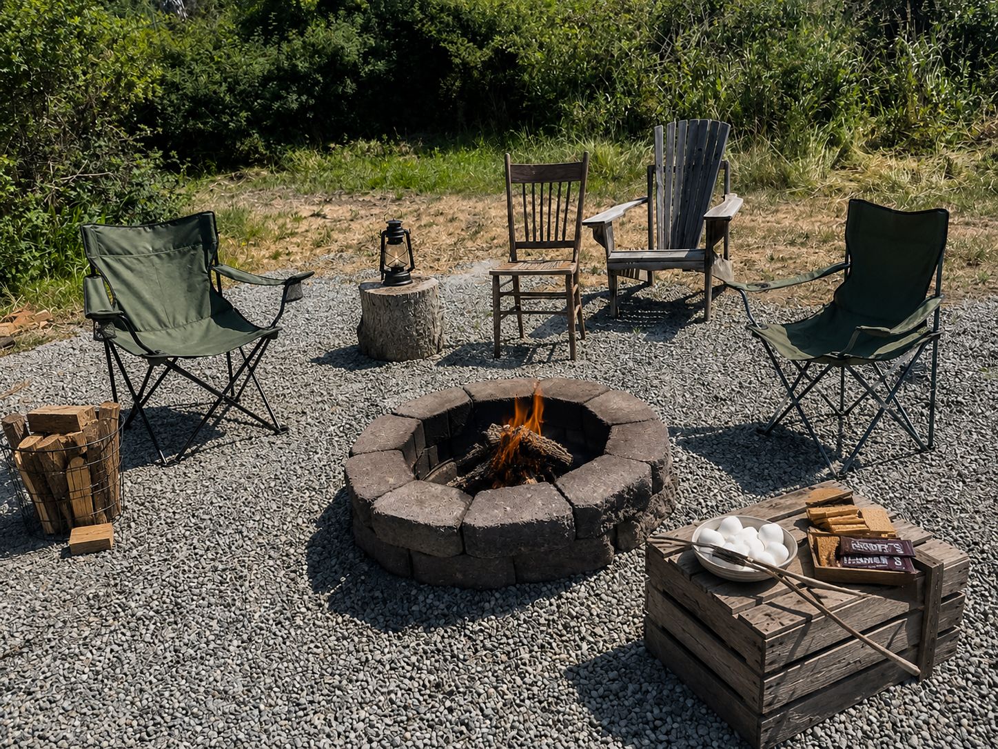 An outdoor seating area with a fire pit, chairs, and a table with food and drinks.