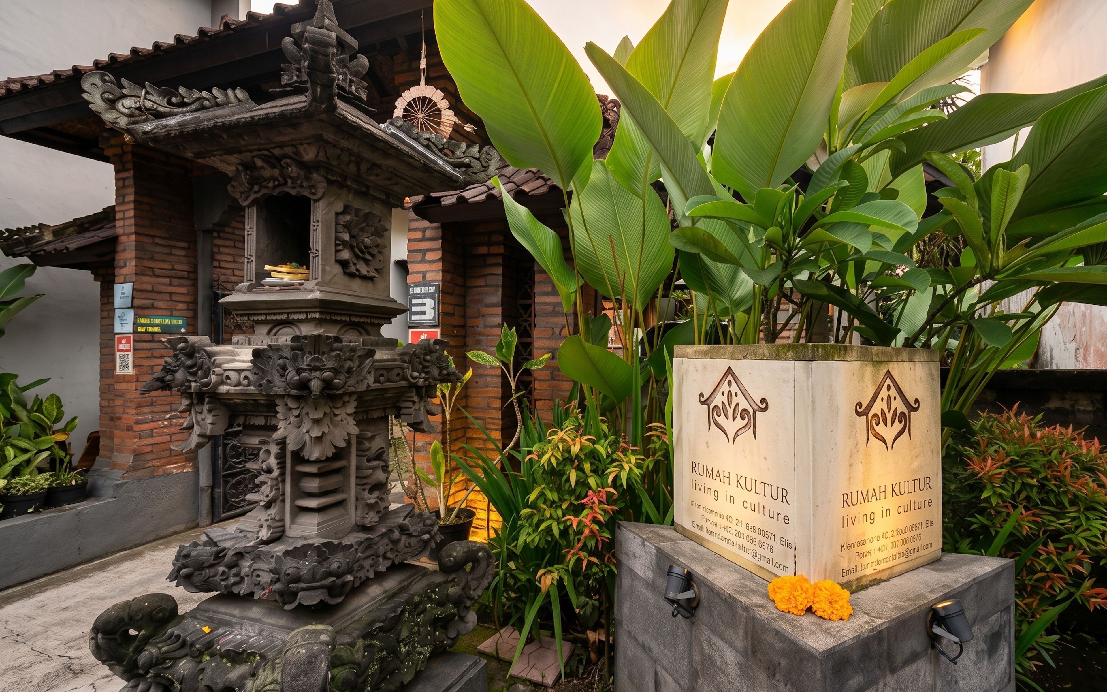 Un templo balinés tradicional con intrincados grabados y un pequeño santuario.