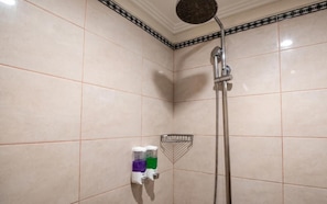 A shower with a handheld showerhead and a wall-mounted hand dryer. - Rumah Kultur (Ubud)