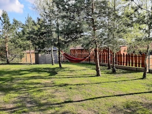 A grassy yard with a hammock, trees, a wooden fence, and a small shed.