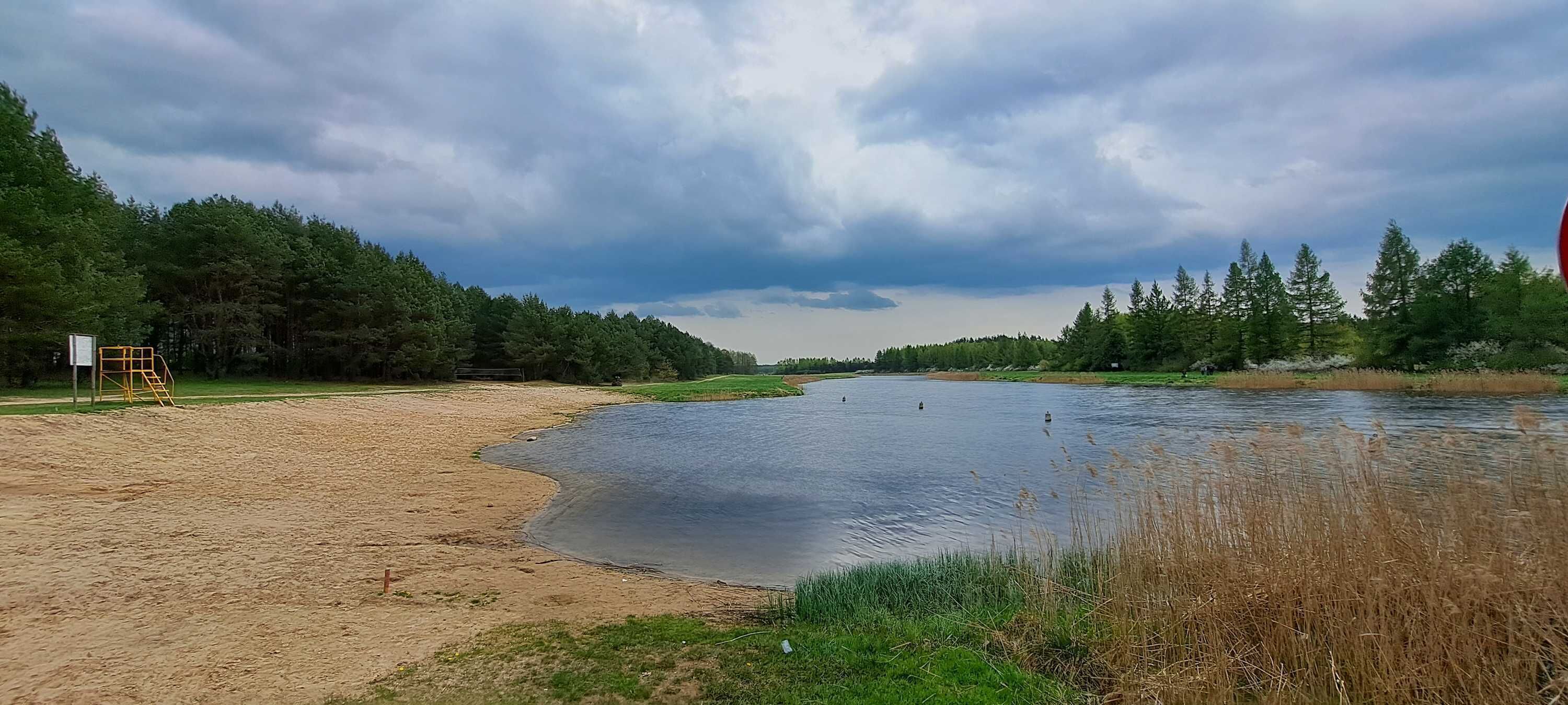 En flodbank med ett sandigt område, en metallkonstruktion och täta träd i bakgrunden.