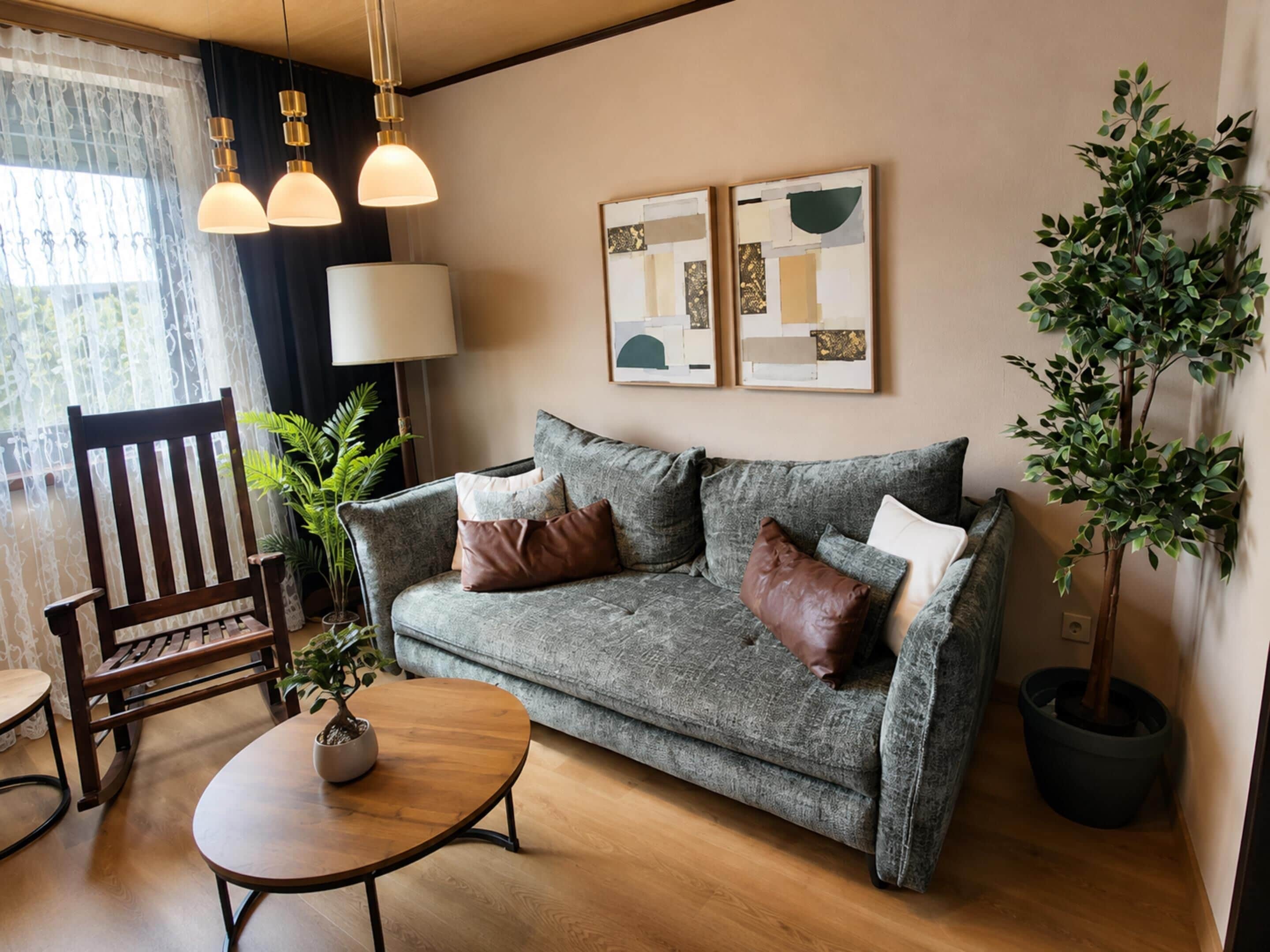 Ein Wohnzimmer mit grauem Sofa, einem Holztisch und einer Topfpflanze.