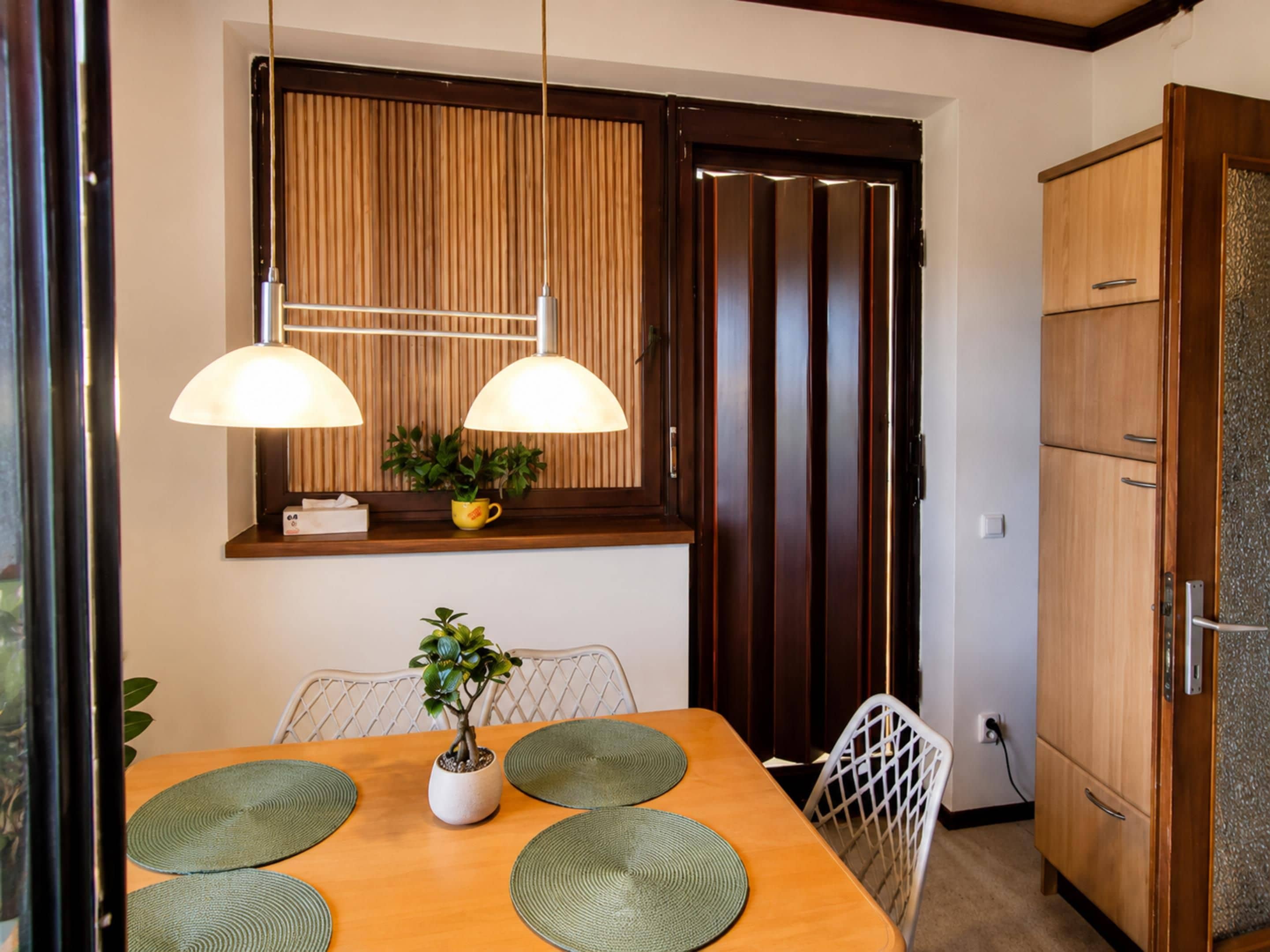 A dining area with a wooden table, two chairs, a potted plant, and a window with vertical blinds.