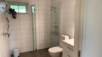 Ein Badezimmer mit Duschkabine, Toilette und Waschbecken.