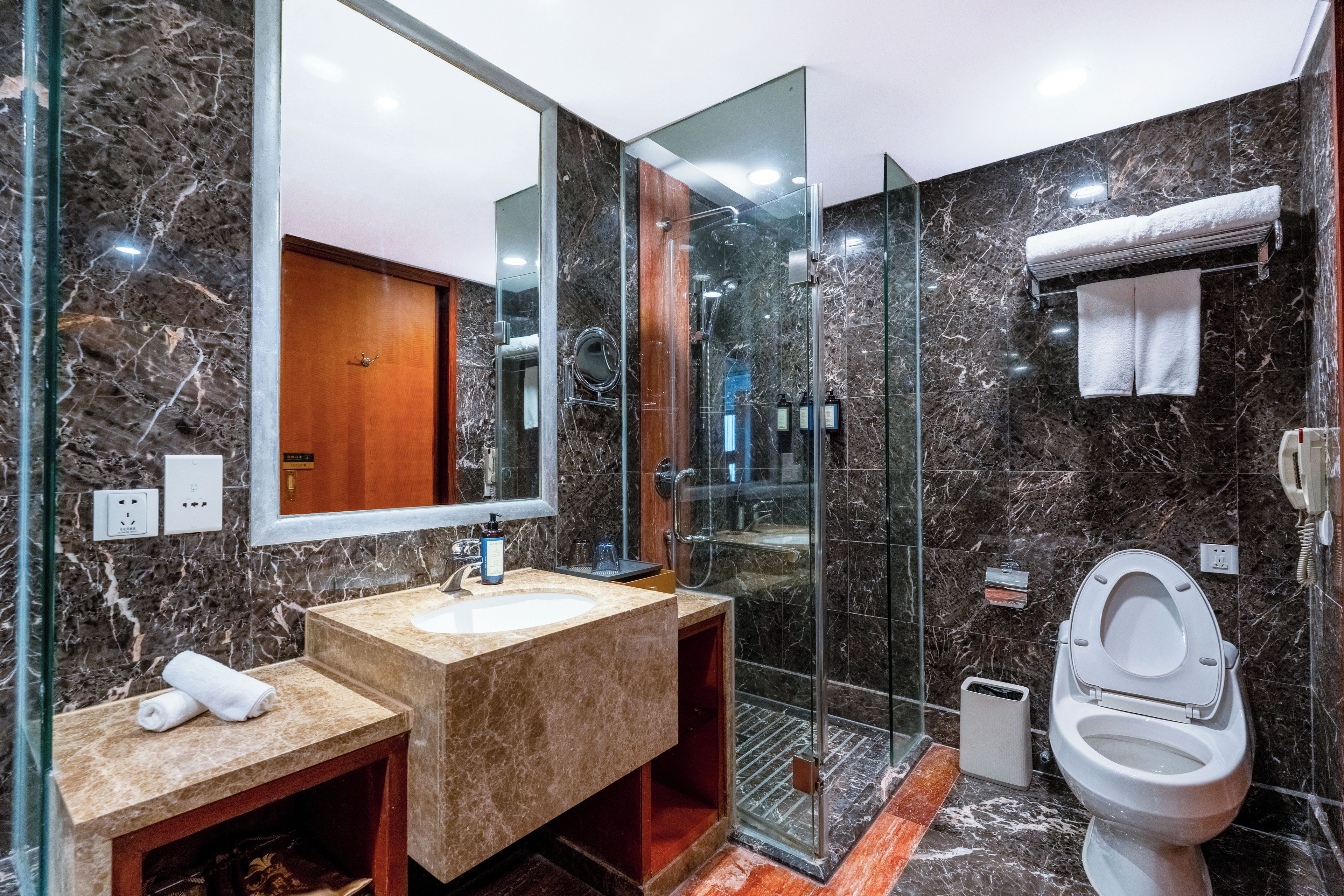 A modern bathroom with a marble sink, a glass-enclosed shower, and a toilet.
