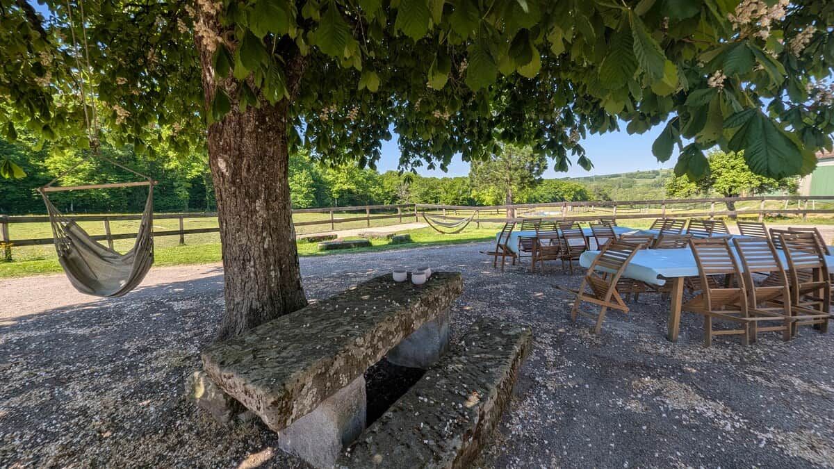 A picnic area with a stone bench, a hammock, and wooden tables and chairs.