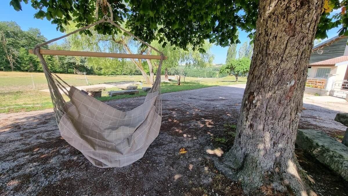 Un hamac suspendu à un arbre, une allée pavée et un bâtiment en arrière-plan.