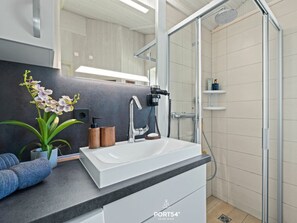 A modern bathroom with a white sink, a shower enclosure, and a potted orchid. - Holiday Home With 1 Bedroom (Braunlage)