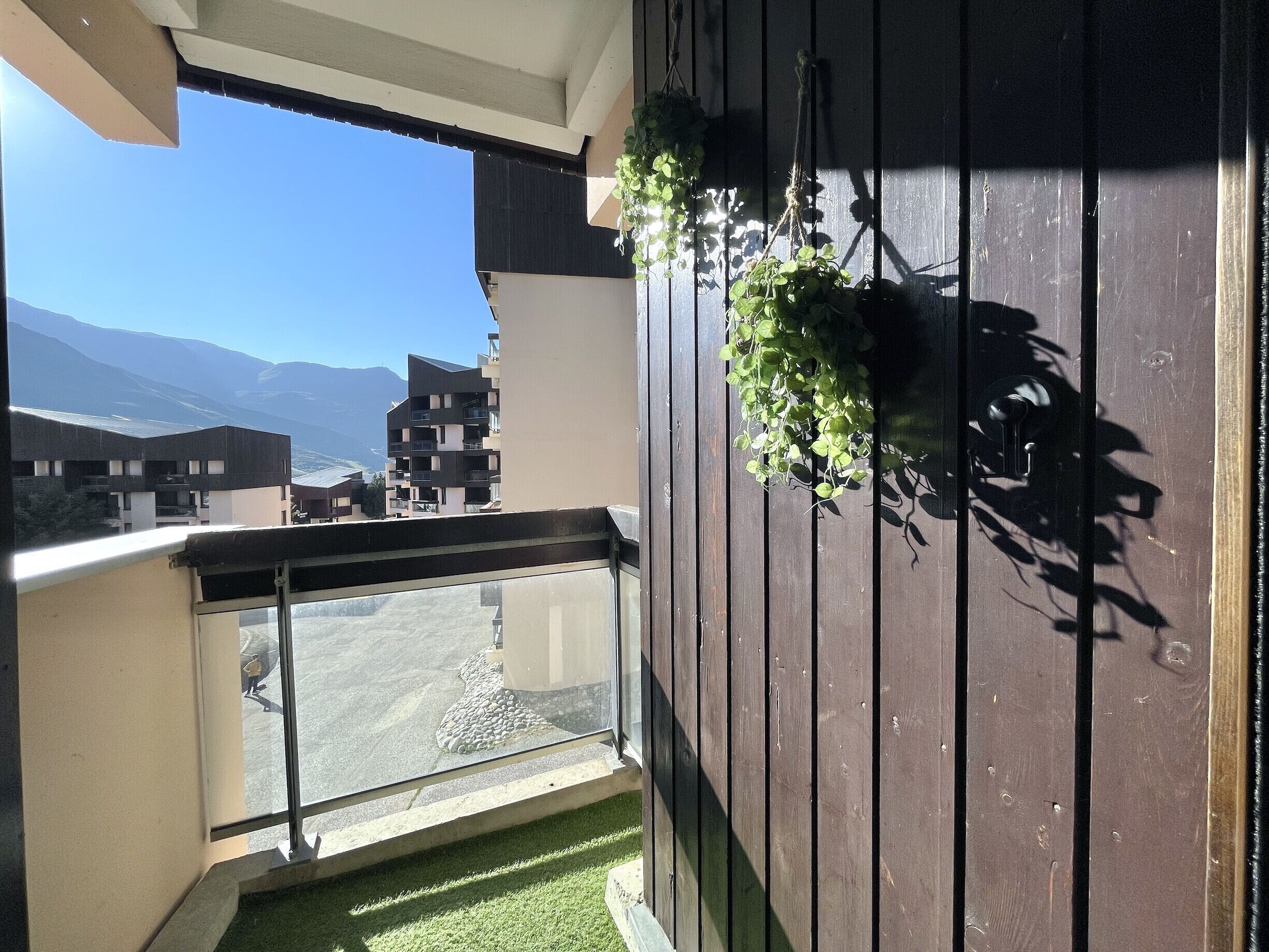 Ein Balkon mit Bergblick, einer hängenden Pflanze und einer Glastür.