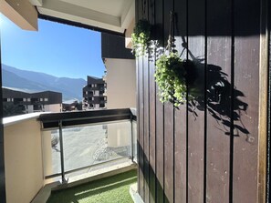 A balcony with a view of mountains, a hanging plant, and a glass door. - (SO.317) Alpine-style studio, right at the slopes, Les (Les Menuires)