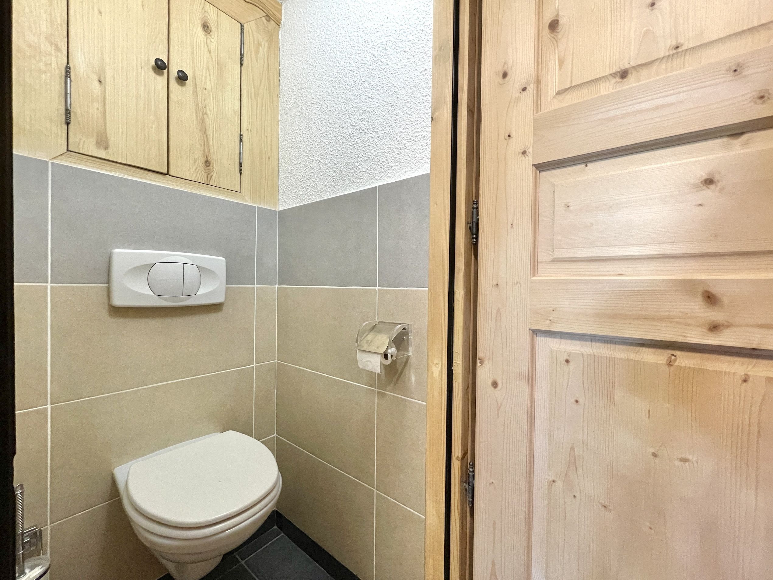 Une petite salle de bain comprenant des toilettes, un meuble en bois et un porte-rouleau de papier toilette.