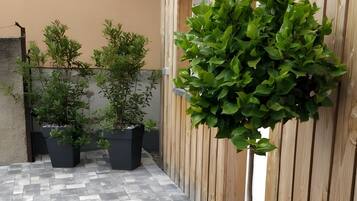 Une terrasse dallée, agrémentée de plantes en pot et entourée d’une clôture en bois.