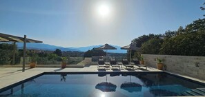 Ein Pool auf dem Dach mit Liegestühlen und Sonnenschirmen, umgeben von einer Steinmauer und Topfpflanzen.