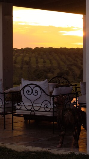 Une terrasse avec un canapé et des coussins à ossature métallique, une sculpture équestre décorative en métal et une vue sur un coucher de soleil au-dessus d’un vignoble.