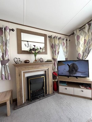 A living room with a fireplace, television, and decorative items.