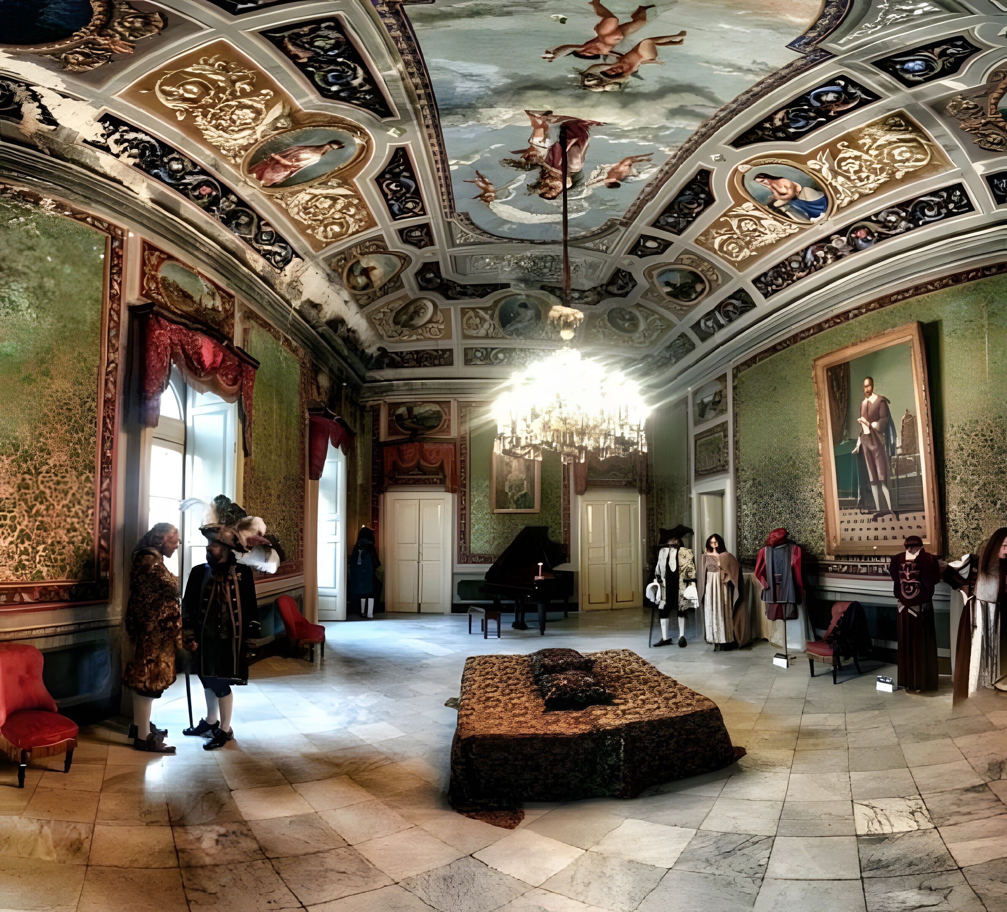 A grand room with ornate ceiling frescoes, a chandelier, and classical furniture.