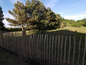 A fenced area with a wooden post and wire fence, surrounded by trees and grass. - Exquisite Vacation Home "Naturally on the Bodden" on the Baltic Sea, including Wi-Fi and parking - (Fuhlendorf)