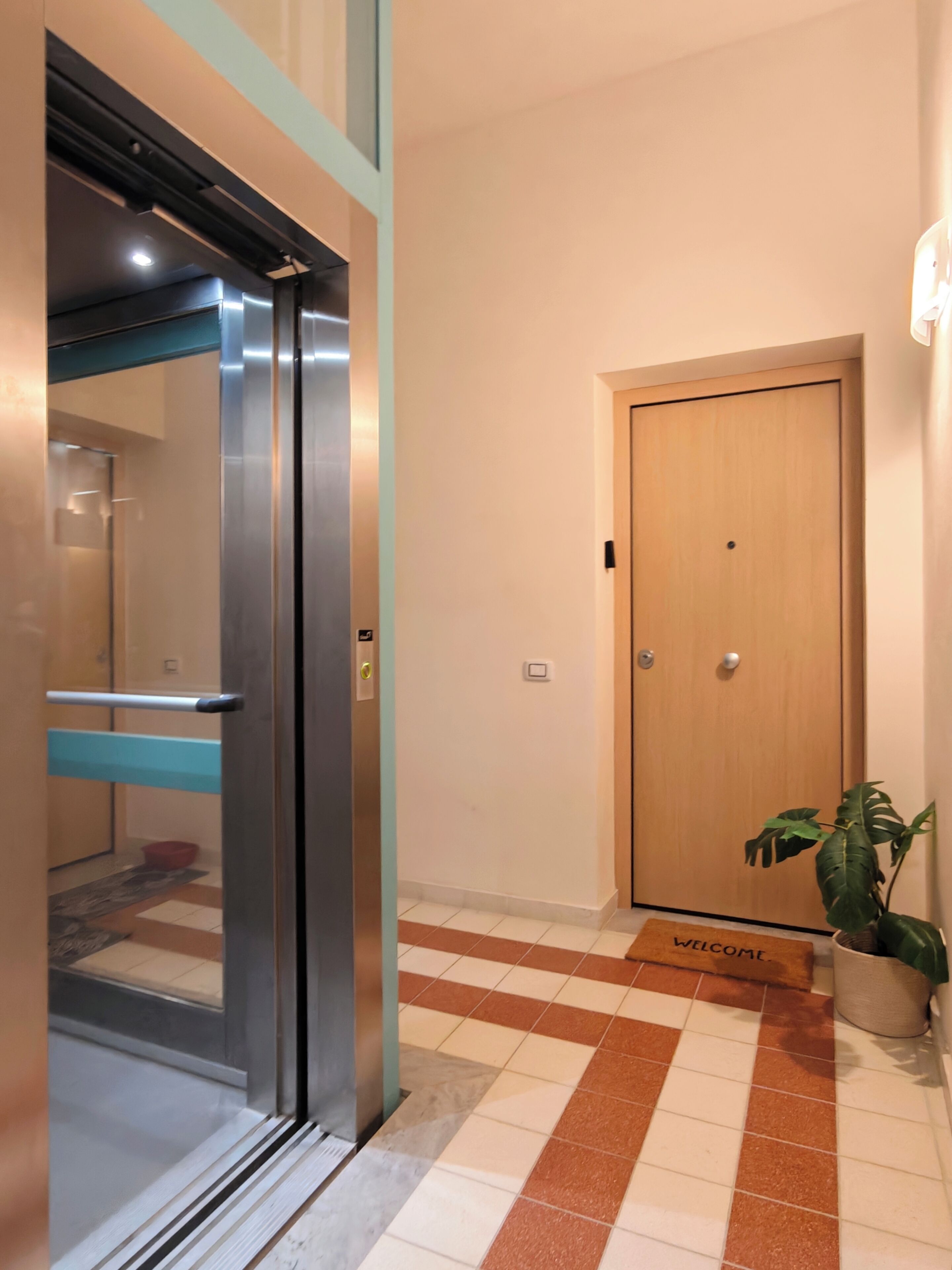 An interior hallway with a closed elevator door, a wooden door, a welcome mat, and a potted plant.