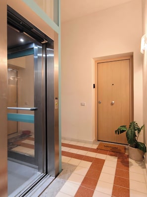Un couloir intérieur avec une porte de monte-charge fermée, une porte en bois, un paillasson et une plante en pot.