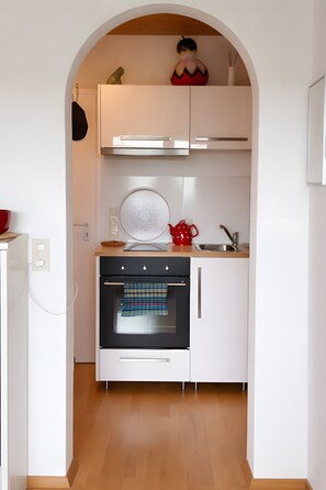A compact kitchen with a built-in oven, a sink, and a small countertop.