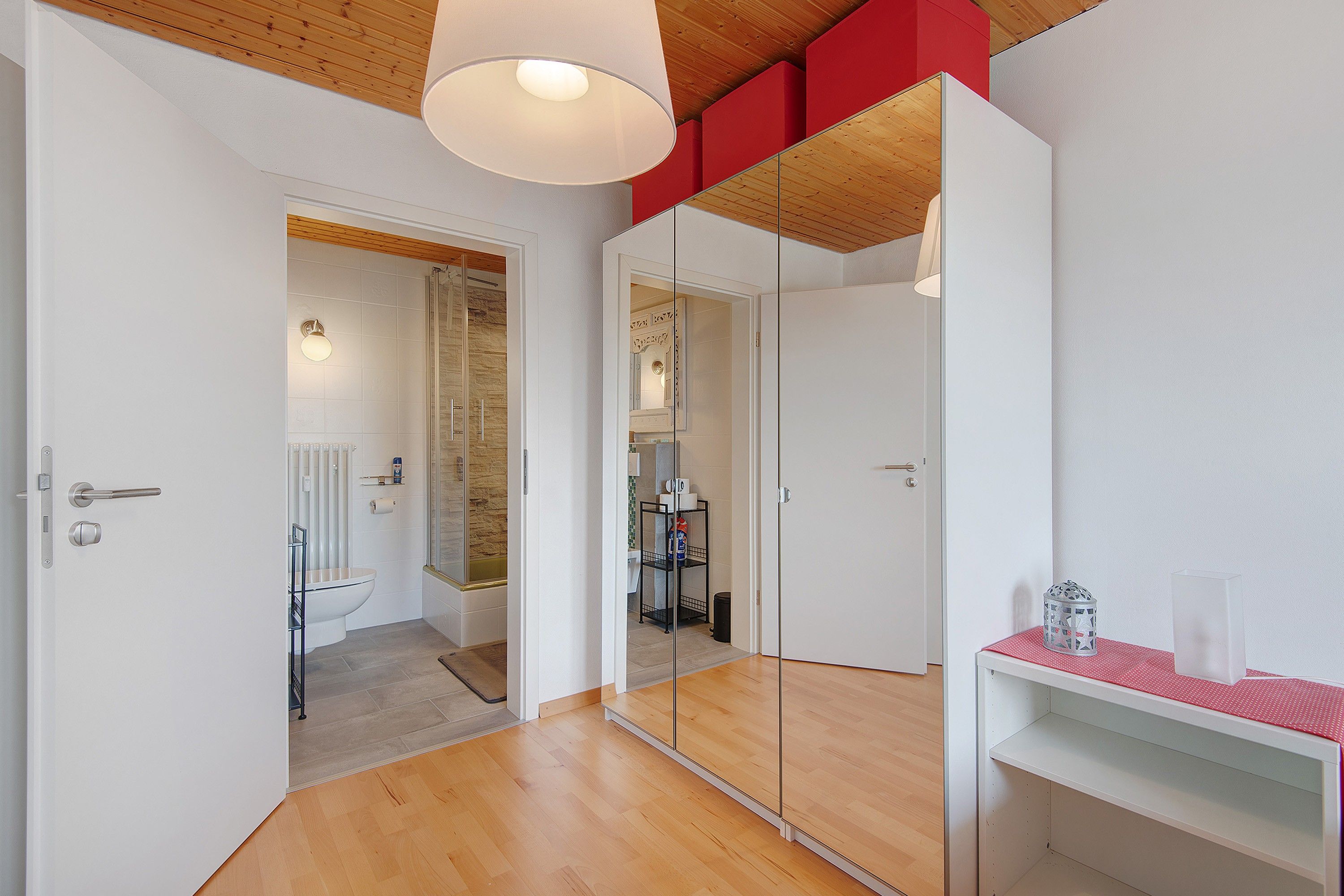 Ein modernes Badezimmer mit einer Duschkabine aus Glas, einer weißen Toilette und einem Spiegelschrank.