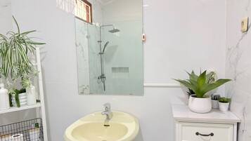 Une salle de bain avec un lavabo, un miroir, une douche et des plantes en pot.