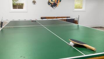 A green indoor table tennis table with a net, a paddle, and a ball.