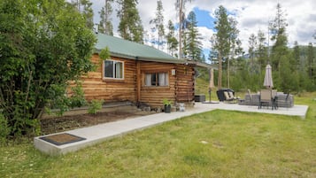 A log cabin with a green roof, surrounded by a grassy yard and tall trees.