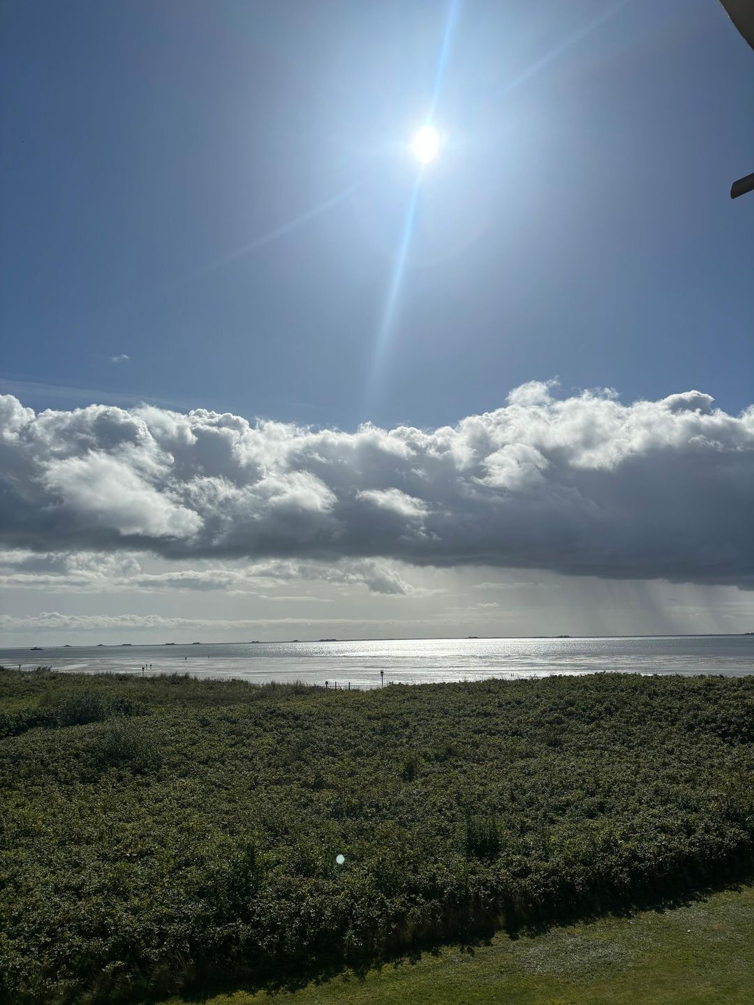 Een landschap met een waterpartij, een bewolkte lucht en een weelderig groen gebied op de voorgrond.