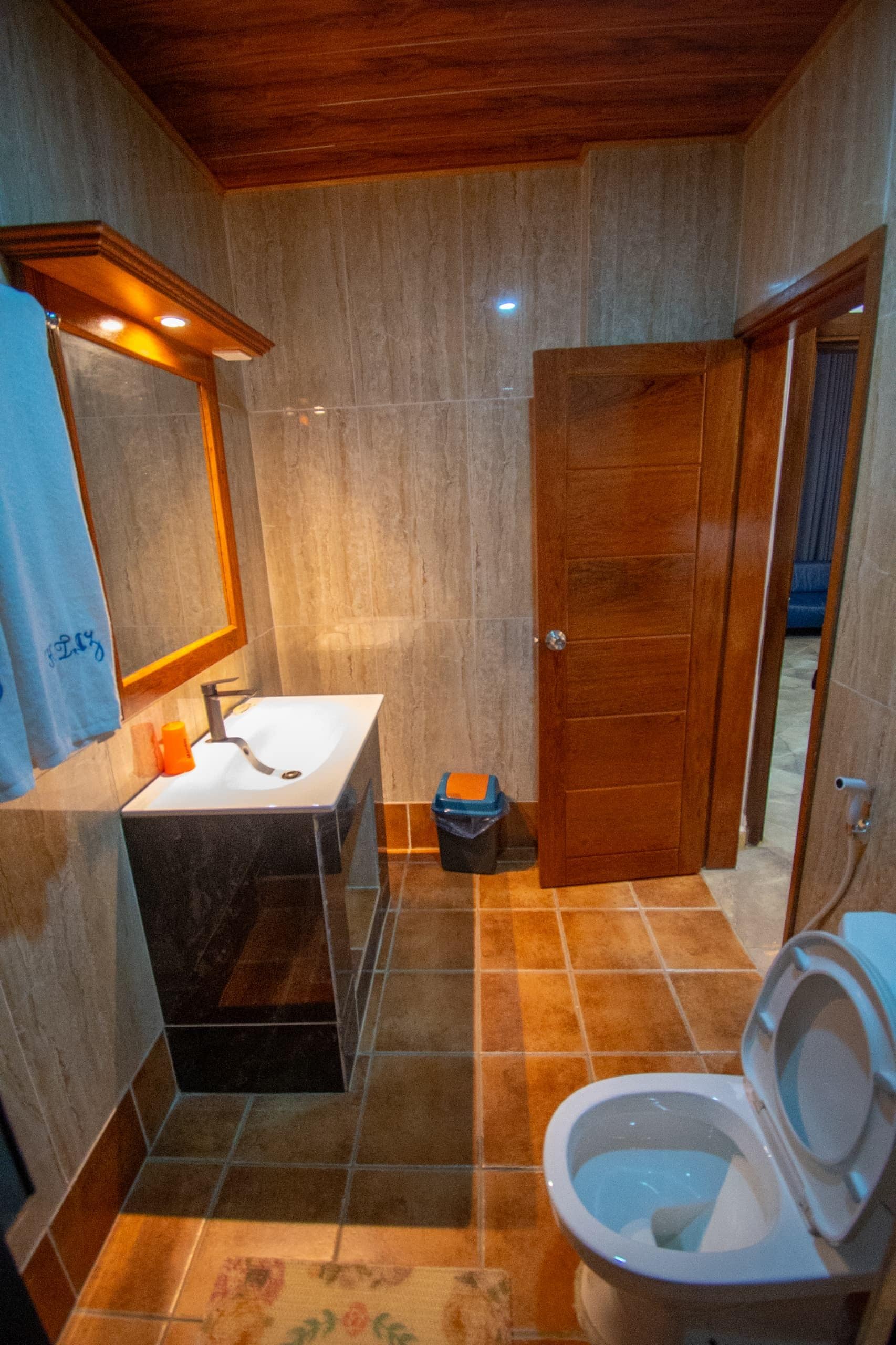 Un baño con lavamanos, espejo, inodoro y una puerta que da a otra habitación.