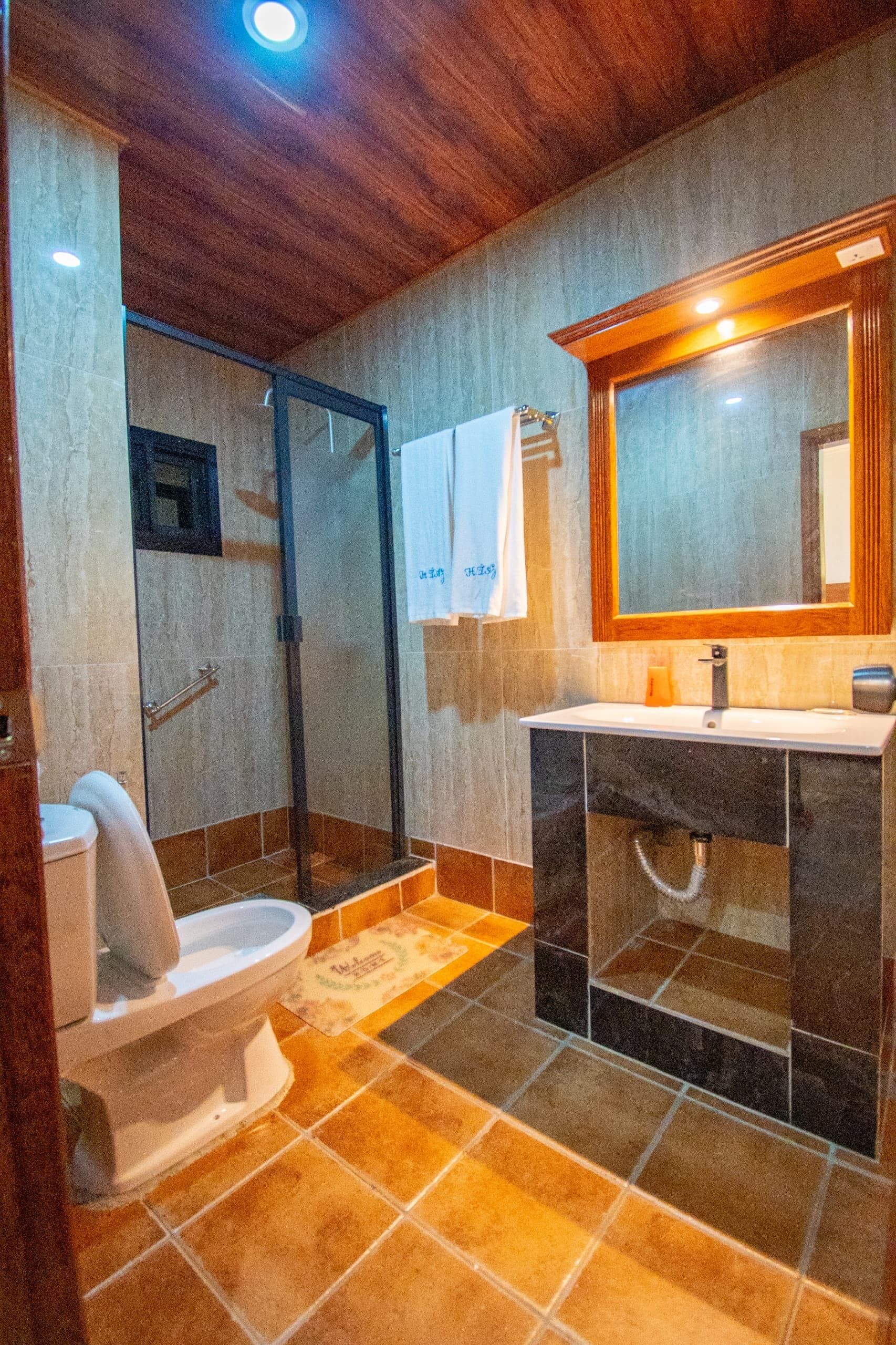 Ein Badezimmer mit Toilette, Dusche und Waschbecken.