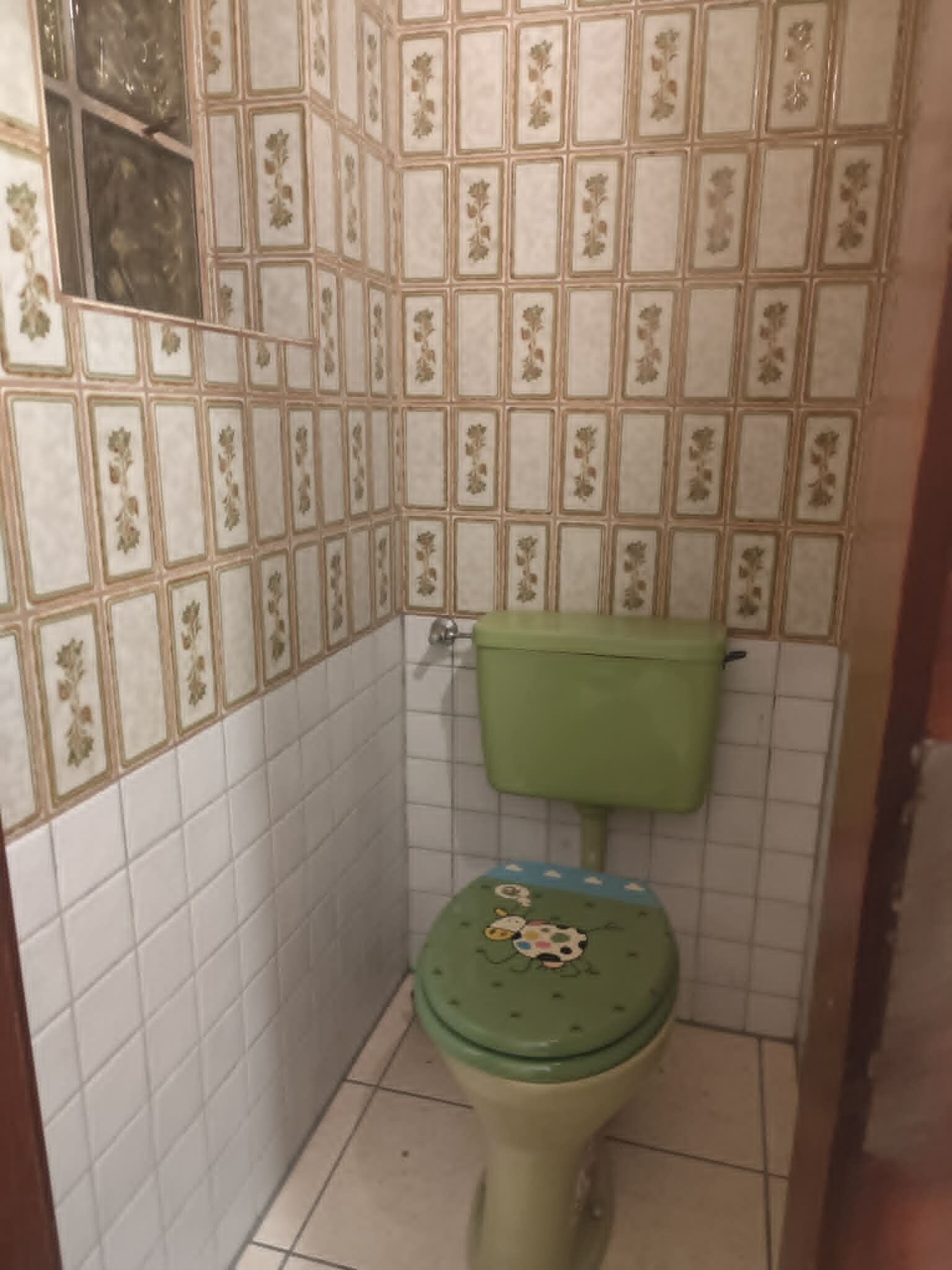 Ein kleines Badezimmer mit Toilette, gefliesten Wänden und einem grünen Toilettendeckel.