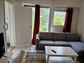 A living room with a grey sofa, a white coffee table, and a television.