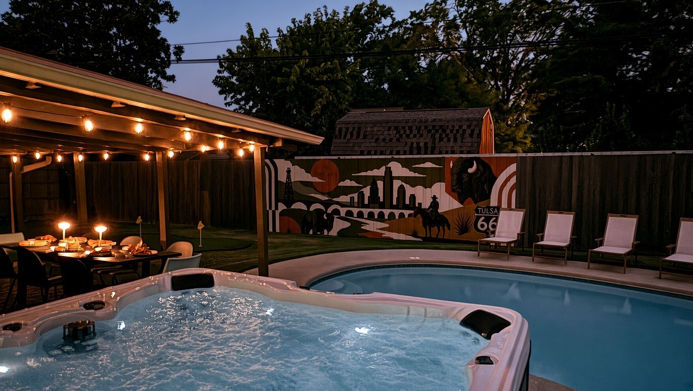 Una piscina con jacuzzis, mobiliario exterior y un mural.