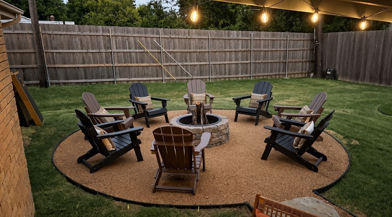 A backyard with a circular seating area around a fire pit, surrounded by wooden chairs.