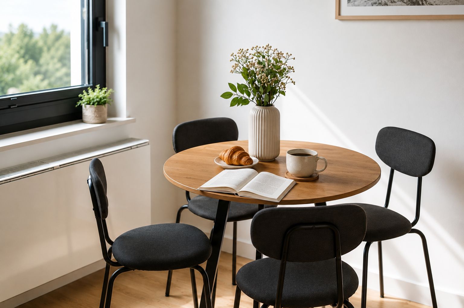 A round table with a book, a cup, and a croissant. There are four chairs around the table. A vase with flowers is on the table.