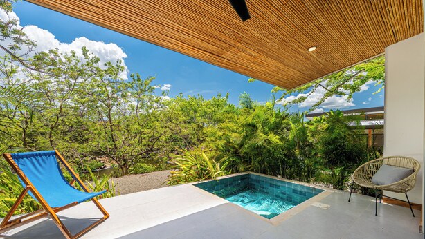 Un'area piscina con una vista aperta sul cielo, circondata da vegetazione rigogliosa e un pergolato in legno.