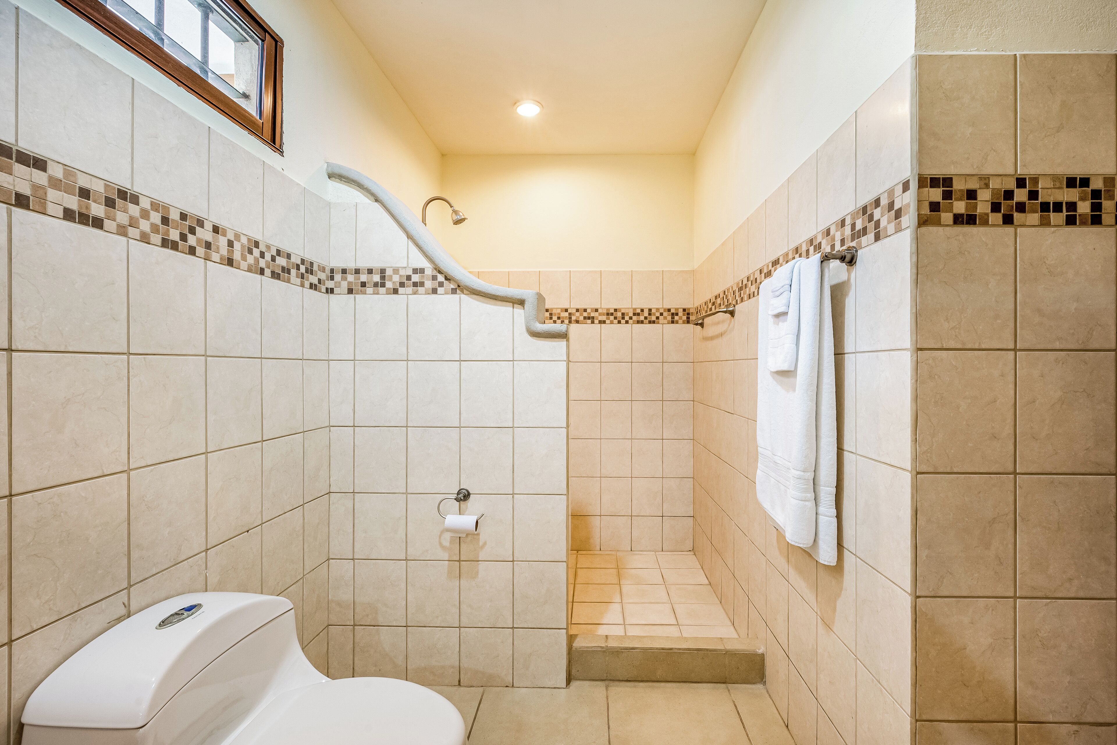 A bathroom with a shower, toilet, and a towel rack.