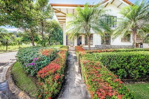A house with a paved pathway leading to the entrance, surrounded by lush greenery and flowering plants.