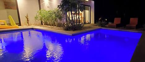 A swimming pool with a blue-lit edge, surrounded by a house with a glass door and potted plants.