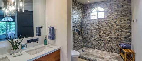 Un baño con lavamanos blanco, un espejo, una planta de aloe en maceta y un perchero para toallas.