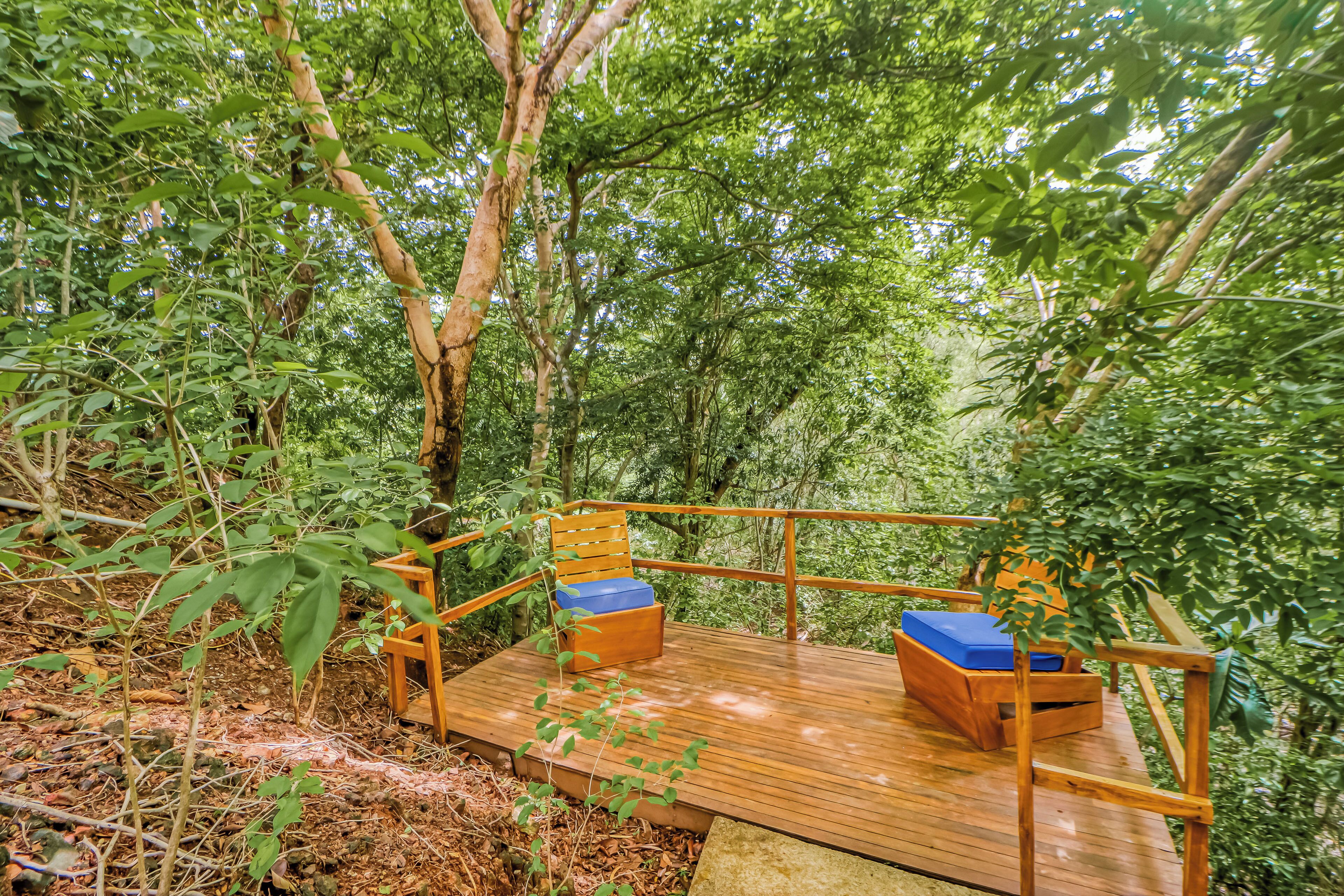 Um deck de madeira com duas cadeiras azuis acolchoadas, cercado por folhagem verde exuberante.