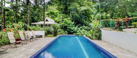 Una piscina rectangular con borde de azulejos, rodeada por una terraza de madera y una fila de sillones beige.