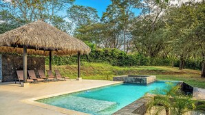 Un área de piscina con sillas de descanso, una estructura con techo de paja y un jacuzzi.