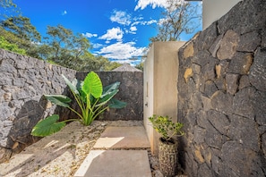 A stone wall with a door, a concrete pathway, and a plant with large leaves. - Walk to 2 Beaches! Villa w/ Pool, Lava-stone Spa (Cabo Velas)