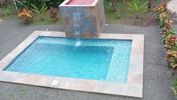 A rectangular swimming pool with a central water feature.