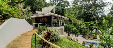 A modern building with a sloped roof, surrounded by lush greenery and a pool area.