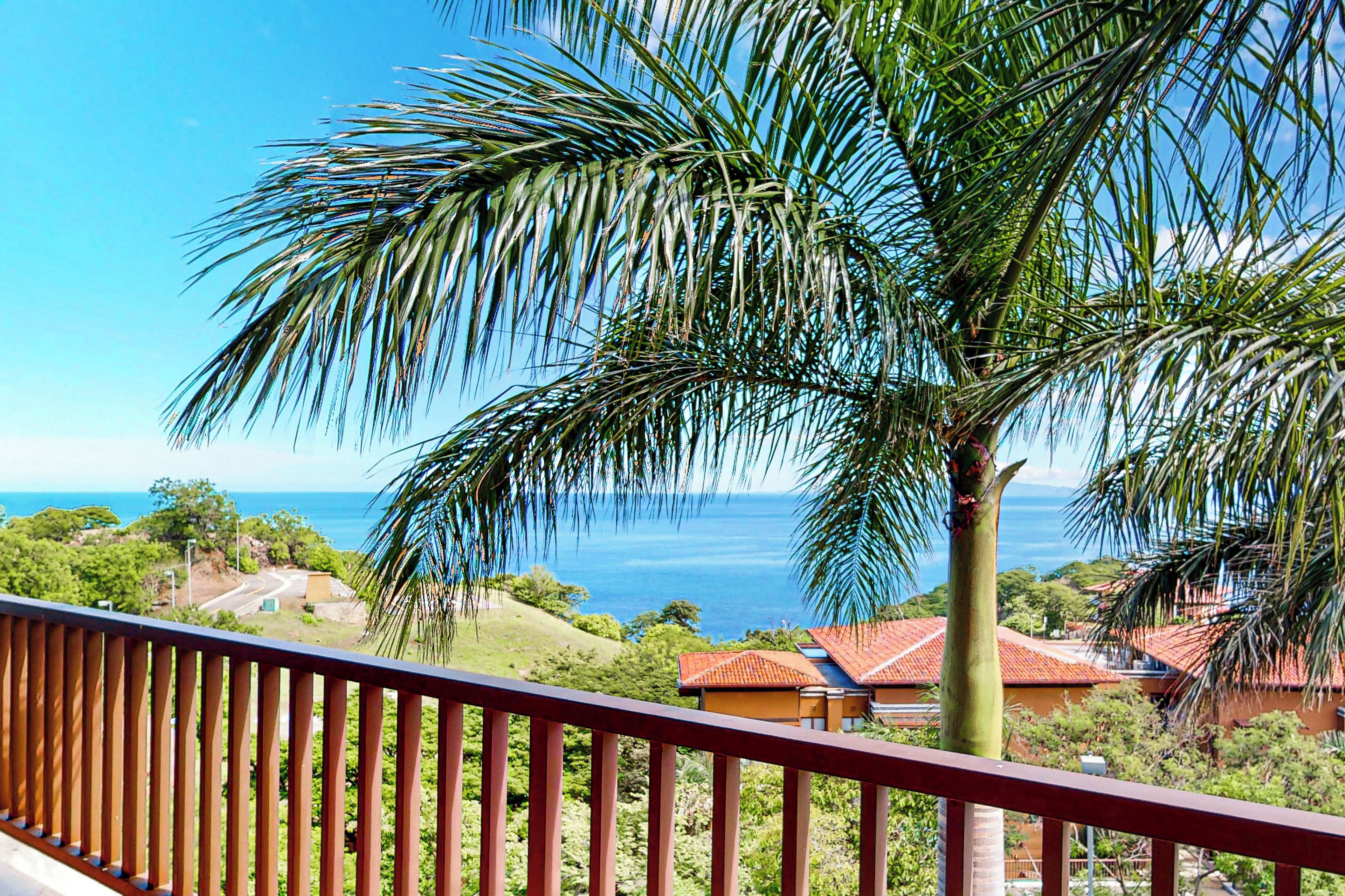 Ein Balkon mit Blick auf den Ozean und einer Palme.