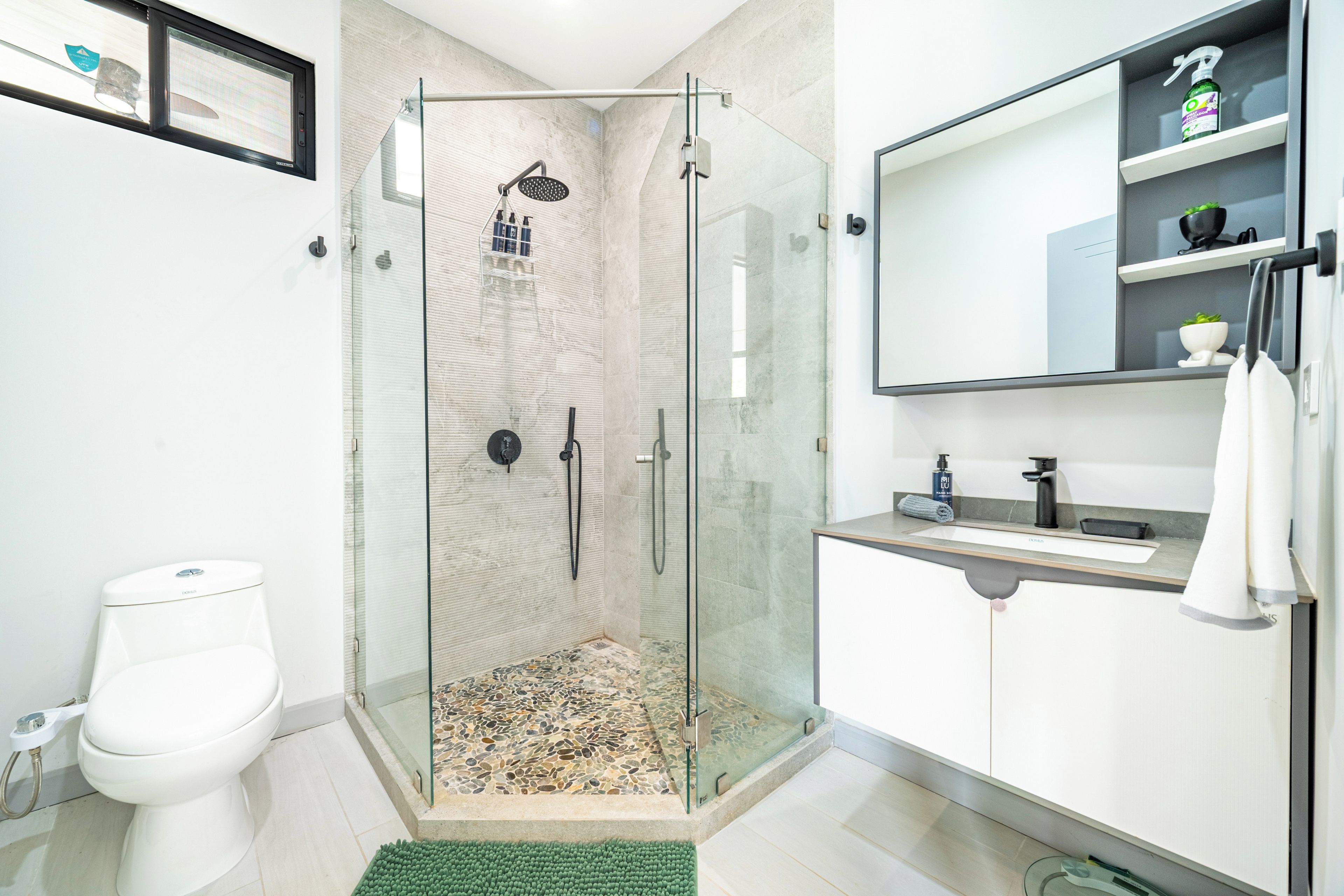 A modern bathroom with a glass-enclosed shower, a toilet, and a sink with a mirror above.