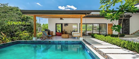 A modern house with a swimming pool, covered patio, and lush greenery.